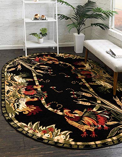 Unique Loom Barnyard Collection French Country Inspired Cottage Rooster Design Area Rug (5' 0 x 8' 0 Oval, Black/Ivory)