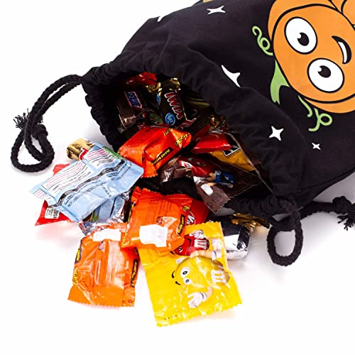 Halloween Trick or Treat Candy Bags | Washable Canvas Tote Bag | Drawstring Bag for Halloween Candy |Cauldron & Haunted House Bags