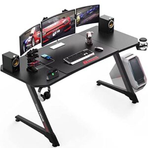 vitesse ergonomic gaming desk 55 inch, z shaped office pc computer desk with mouse pad, gamer tables with gaming handle rack, cup holder headphone hook