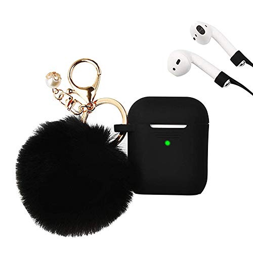 ZOSTLAND Wireless Earphone Case,Rabbit Fur Ball Wool Charm Keychain Thick Soft Portable Ring Silicone Shockproof Protective Cover Box Compatible with Apple AirPods 2&1 Charge Station (Black)