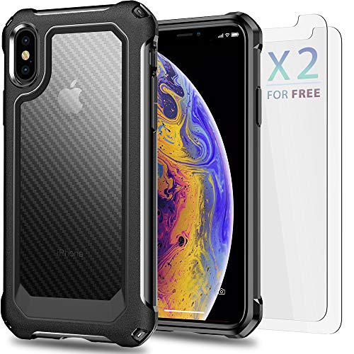 SUPBEC iPhone X Case, iPhone Xs Case with [ Screen Protector Tempered Glass x2Pack] Protective Phone Cover with Silicone PC+TPU Shockproof Rubber Heavy Duty Case for iPhone X/iPhone Xs-Clear Black