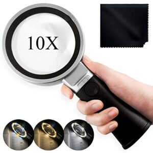 magdepo 10x lighted magnifying stand loupe reading magnifier with 12 smd leds dimmable lighting modes, perfect for macular degeneration, reading, soldering, inspection, cross stitch, etc.