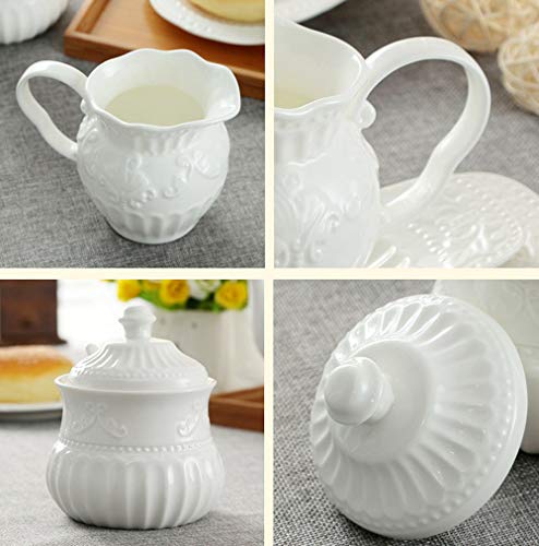 FUYU Relief White Ceramic Creamer and Sugar Bowl Set Coffee Serving Set Cream Pitcher