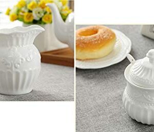 FUYU Relief White Ceramic Creamer and Sugar Bowl Set Coffee Serving Set Cream Pitcher