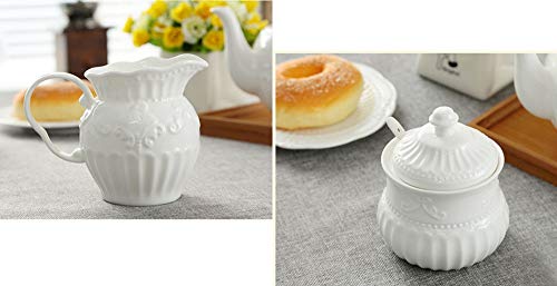 FUYU Relief White Ceramic Creamer and Sugar Bowl Set Coffee Serving Set Cream Pitcher