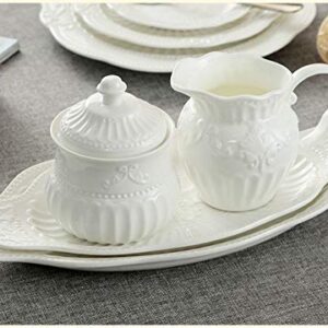 FUYU Relief White Ceramic Creamer and Sugar Bowl Set Coffee Serving Set Cream Pitcher