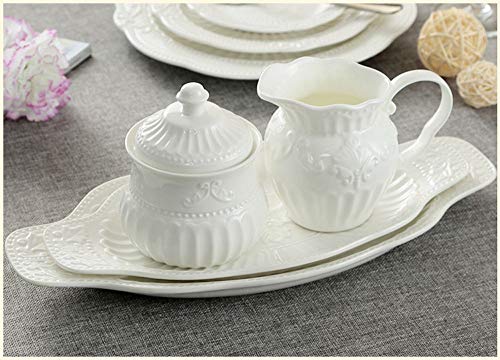 FUYU Relief White Ceramic Creamer and Sugar Bowl Set Coffee Serving Set Cream Pitcher
