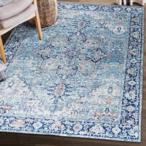 realife machine washable rug - stain resistant, non-shed - eco-friendly, non-slip, family & pet friendly - premium recycled fibers - vintage distressed traditional - blue, ivory, orange, 5' x 7'