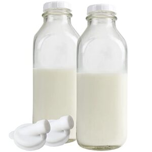 the dairy shoppe heavy glass milk bottle jugs with lids and pour spouts (2 pack, liter/33.8 oz)
