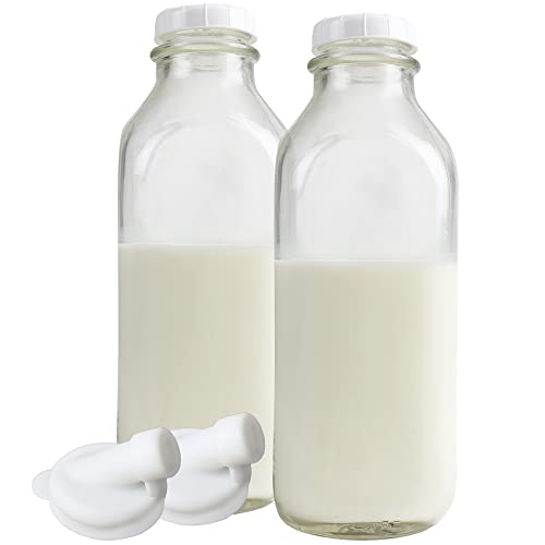 The Dairy Shoppe Heavy Glass Milk Bottle Jugs with Lids and Pour Spouts (2 pack, Liter/33.8 oz)