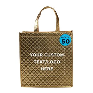 discount promos custom luxurious laminated tote bags set of 50, personalized bulk pack - reusable, great for shopping, beach, wedding favors - gold