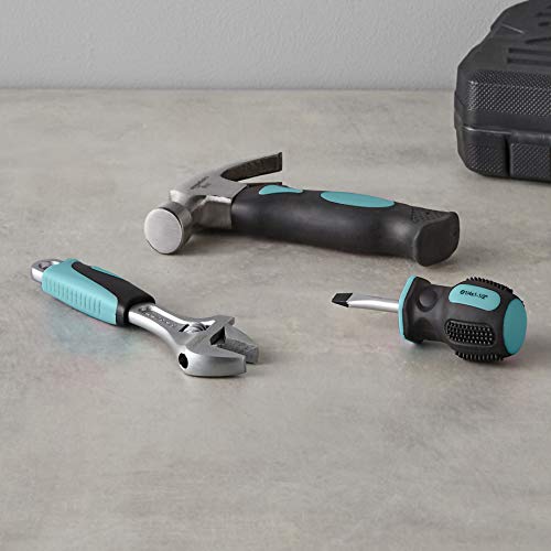 Amazon Basics 4-Piece Stubby Tool Set with Hammer, Screwdrivers and Adjustable Wrench - Turquoise