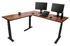 s stand up desk store triple motor electric l-shaped corner standing desk with ez assemble frame (black frame/solid walnut top, 71 inch w x 71 inch d)