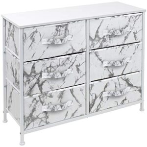 sorbus dresser with 6 drawers - furniture storage chest tower unit for bedroom, hallway, closet, office organization - steel frame, wood top, easy pull fabric bins (marble white – white frame)