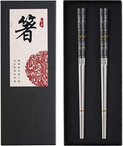 stainless steel chopsticks titanium plated metal chopsticks reusable dishwasher safe premium japanese korean chopstick laser engraved anti-slip chop sticks for eating 2 pairs gift set black silver