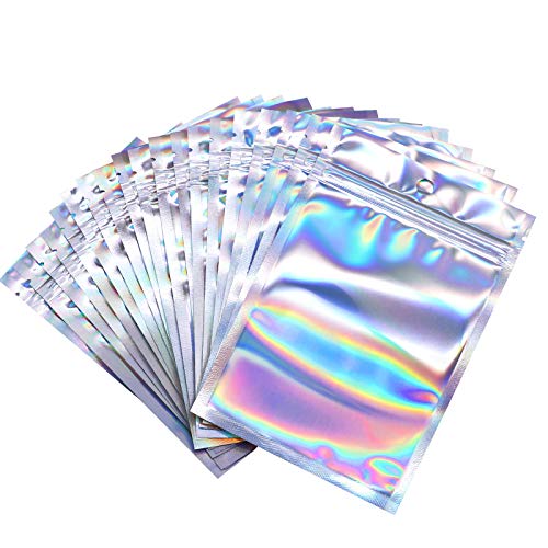 100 Counts Resealable Smell Water Proof Bags Foil Pouch Bag Flat Ziplock Bag with Clear Window for Party Favor Food Storage Gifts Bags Goodie Bag Holographic Color, 4 x 6 Inches