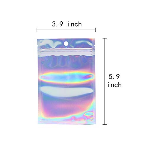 100 Counts Resealable Smell Water Proof Bags Foil Pouch Bag Flat Ziplock Bag with Clear Window for Party Favor Food Storage Gifts Bags Goodie Bag Holographic Color, 4 x 6 Inches