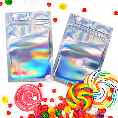 100 Counts Resealable Smell Water Proof Bags Foil Pouch Bag Flat Ziplock Bag with Clear Window for Party Favor Food Storage Gifts Bags Goodie Bag Holographic Color, 4 x 6 Inches