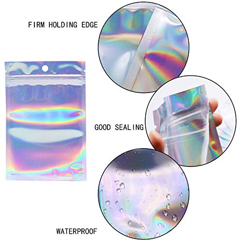 100 Counts Resealable Smell Water Proof Bags Foil Pouch Bag Flat Ziplock Bag with Clear Window for Party Favor Food Storage Gifts Bags Goodie Bag Holographic Color, 4 x 6 Inches