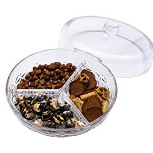 Huang Acrylic 3-Section Divided Serving Dishes with Lid | Round Snack and Condiment Tray with Cover | Multifunctional Party Snack Tray for Nuts, Candies, Fruit, and Veggies