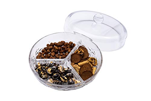 Huang Acrylic 3-Section Divided Serving Dishes with Lid | Round Snack and Condiment Tray with Cover | Multifunctional Party Snack Tray for Nuts, Candies, Fruit, and Veggies