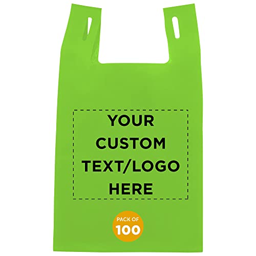 Custom Bodega Lightweight Tote Bags Set of 100, Personalized Bulk Pack - Reusable, Great for Grocery, Tradeshow, Party favors, Picnic - Lime Green