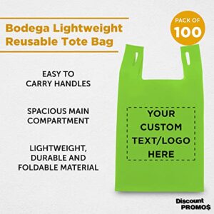 Custom Bodega Lightweight Tote Bags Set of 100, Personalized Bulk Pack - Reusable, Great for Grocery, Tradeshow, Party favors, Picnic - Lime Green