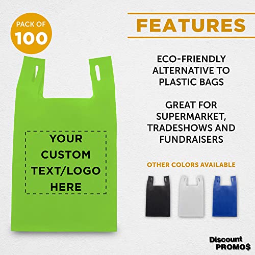 Custom Bodega Lightweight Tote Bags Set of 100, Personalized Bulk Pack - Reusable, Great for Grocery, Tradeshow, Party favors, Picnic - Lime Green