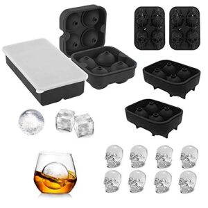 3d skull ice mold-5pack,easy release silicone mold, ice cube trays silicone mold - easy release ice cube molds sphere ice ball maker with removable lid and large square ice molds reusable and bpa free