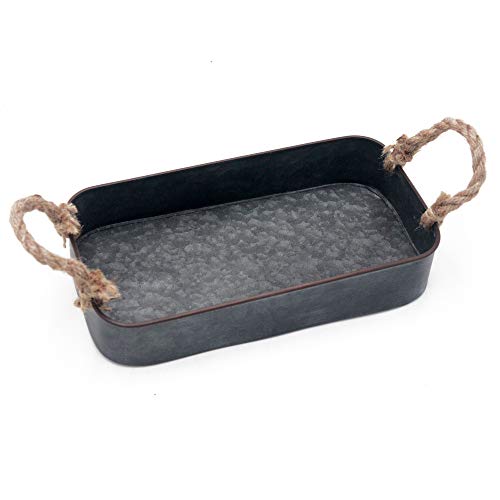 Funerom Rectangle Dark Galvanized Decorative Metal Serving Tray with Rust Finish and Rope Handles, (10.3X 5.5 in)