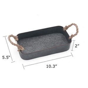 Funerom Rectangle Dark Galvanized Decorative Metal Serving Tray with Rust Finish and Rope Handles, (10.3X 5.5 in)