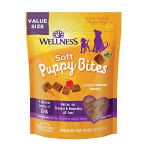 wellness soft puppy bites natural grain-free treats for training, dog treats with real meat and dha, no artificial flavors (lamb & salmon, 8-ounce bag)