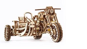 ugears motorcycle with sidecar 3d puzzles - ugr-10 motorcycle scrambler perfect father's day gift idea wooden model kits for adults to build - retro design sidecar motorbike model kit with rubber band motor