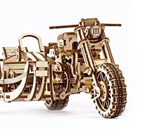 UGEARS Motorcycle with Sidecar 3D Puzzles - UGR-10 Motorcycle Scrambler Perfect Father's Day Gift Idea Wooden Model Kits for Adults to Build - Retro Design Sidecar Motorbike Model Kit with Rubber Band Motor