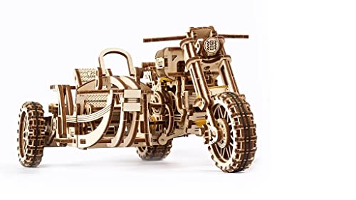 UGEARS Motorcycle with Sidecar 3D Puzzles - UGR-10 Motorcycle Scrambler Perfect Father's Day Gift Idea Wooden Model Kits for Adults to Build - Retro Design Sidecar Motorbike Model Kit with Rubber Band Motor