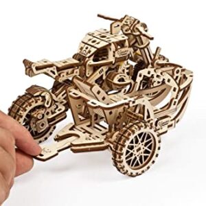 UGEARS Motorcycle with Sidecar 3D Puzzles - UGR-10 Motorcycle Scrambler Perfect Father's Day Gift Idea Wooden Model Kits for Adults to Build - Retro Design Sidecar Motorbike Model Kit with Rubber Band Motor