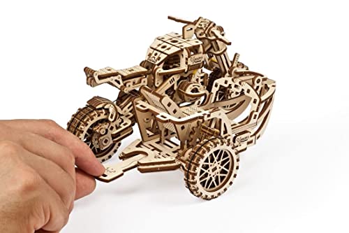 UGEARS Motorcycle with Sidecar 3D Puzzles - UGR-10 Motorcycle Scrambler Perfect Father's Day Gift Idea Wooden Model Kits for Adults to Build - Retro Design Sidecar Motorbike Model Kit with Rubber Band Motor