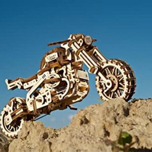 UGEARS Motorcycle with Sidecar 3D Puzzles - UGR-10 Motorcycle Scrambler Perfect Father's Day Gift Idea Wooden Model Kits for Adults to Build - Retro Design Sidecar Motorbike Model Kit with Rubber Band Motor