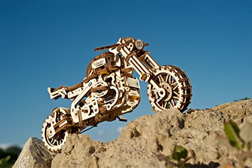 UGEARS Motorcycle with Sidecar 3D Puzzles - UGR-10 Motorcycle Scrambler Perfect Father's Day Gift Idea Wooden Model Kits for Adults to Build - Retro Design Sidecar Motorbike Model Kit with Rubber Band Motor