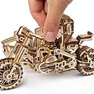 UGEARS Motorcycle with Sidecar 3D Puzzles - UGR-10 Motorcycle Scrambler Perfect Father's Day Gift Idea Wooden Model Kits for Adults to Build - Retro Design Sidecar Motorbike Model Kit with Rubber Band Motor