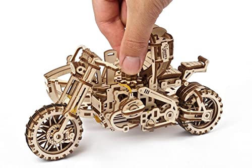 UGEARS Motorcycle with Sidecar 3D Puzzles - UGR-10 Motorcycle Scrambler Perfect Father's Day Gift Idea Wooden Model Kits for Adults to Build - Retro Design Sidecar Motorbike Model Kit with Rubber Band Motor