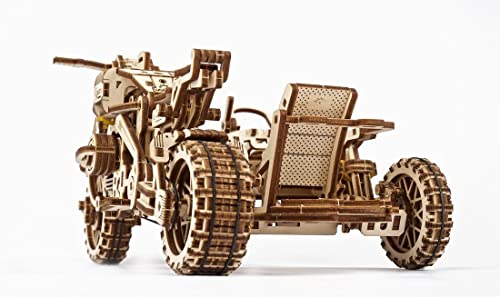 UGEARS Motorcycle with Sidecar 3D Puzzles - UGR-10 Motorcycle Scrambler Perfect Father's Day Gift Idea Wooden Model Kits for Adults to Build - Retro Design Sidecar Motorbike Model Kit with Rubber Band Motor