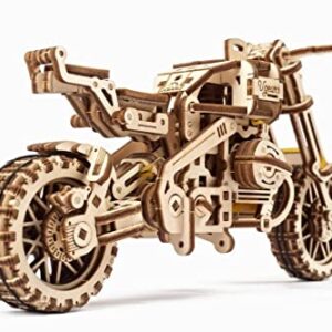 UGEARS Motorcycle with Sidecar 3D Puzzles - UGR-10 Motorcycle Scrambler Perfect Father's Day Gift Idea Wooden Model Kits for Adults to Build - Retro Design Sidecar Motorbike Model Kit with Rubber Band Motor