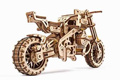 UGEARS Motorcycle with Sidecar 3D Puzzles - UGR-10 Motorcycle Scrambler Perfect Father's Day Gift Idea Wooden Model Kits for Adults to Build - Retro Design Sidecar Motorbike Model Kit with Rubber Band Motor