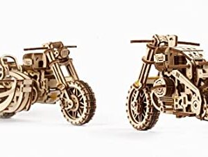 UGEARS Motorcycle with Sidecar 3D Puzzles - UGR-10 Motorcycle Scrambler Perfect Father's Day Gift Idea Wooden Model Kits for Adults to Build - Retro Design Sidecar Motorbike Model Kit with Rubber Band Motor