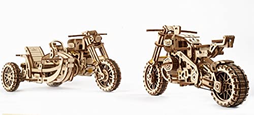 UGEARS Motorcycle with Sidecar 3D Puzzles - UGR-10 Motorcycle Scrambler Perfect Father's Day Gift Idea Wooden Model Kits for Adults to Build - Retro Design Sidecar Motorbike Model Kit with Rubber Band Motor