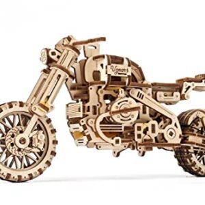 UGEARS Motorcycle with Sidecar 3D Puzzles - UGR-10 Motorcycle Scrambler Perfect Father's Day Gift Idea Wooden Model Kits for Adults to Build - Retro Design Sidecar Motorbike Model Kit with Rubber Band Motor