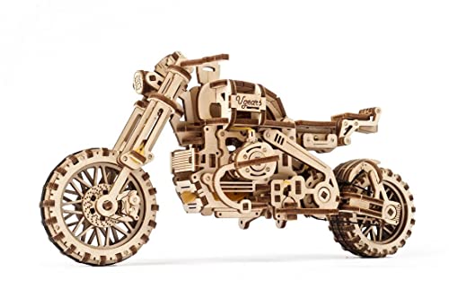 UGEARS Motorcycle with Sidecar 3D Puzzles - UGR-10 Motorcycle Scrambler Perfect Father's Day Gift Idea Wooden Model Kits for Adults to Build - Retro Design Sidecar Motorbike Model Kit with Rubber Band Motor