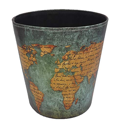 Wastebasket British Style Trash Bin Union Jack World Map Pattern PU Leather Waterproof Decorative Trash Can Garbage Can 10L (World Map)