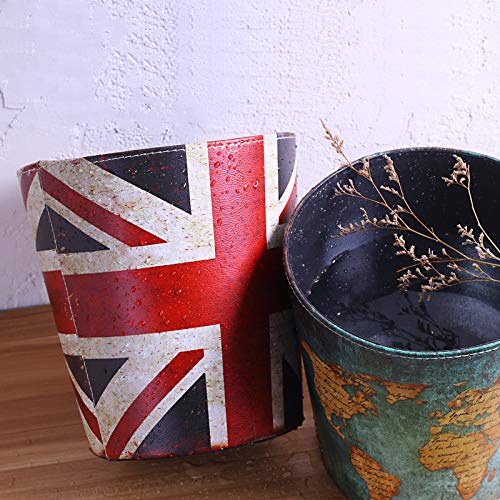 Wastebasket British Style Trash Bin Union Jack World Map Pattern PU Leather Waterproof Decorative Trash Can Garbage Can 10L (World Map)
